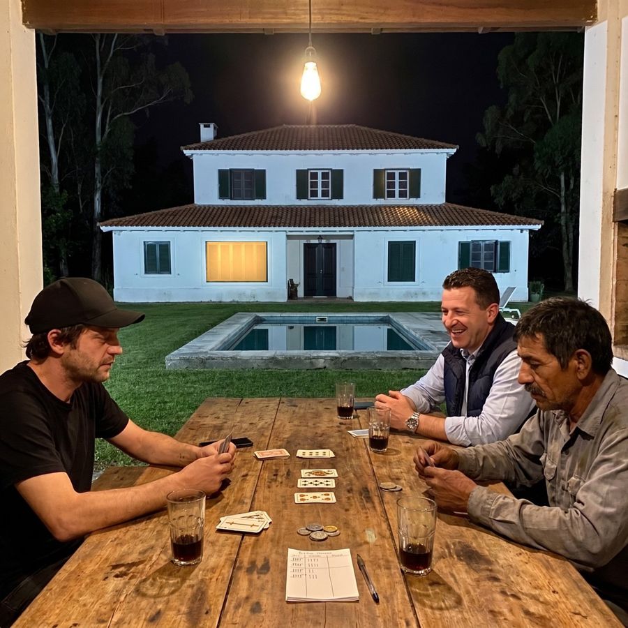 Tres hombres jugando al truco en el quincho