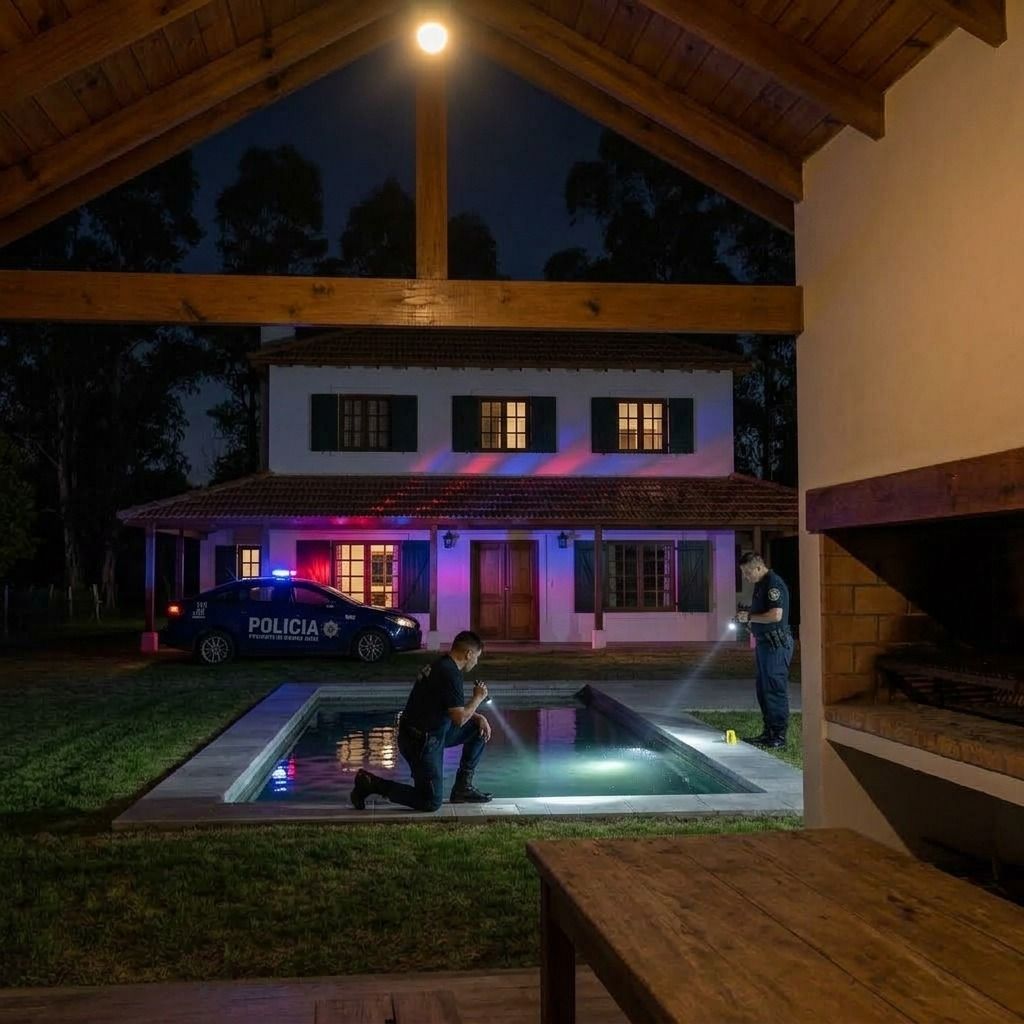 Patrullero y policías revisando la pileta de la quinta de noche