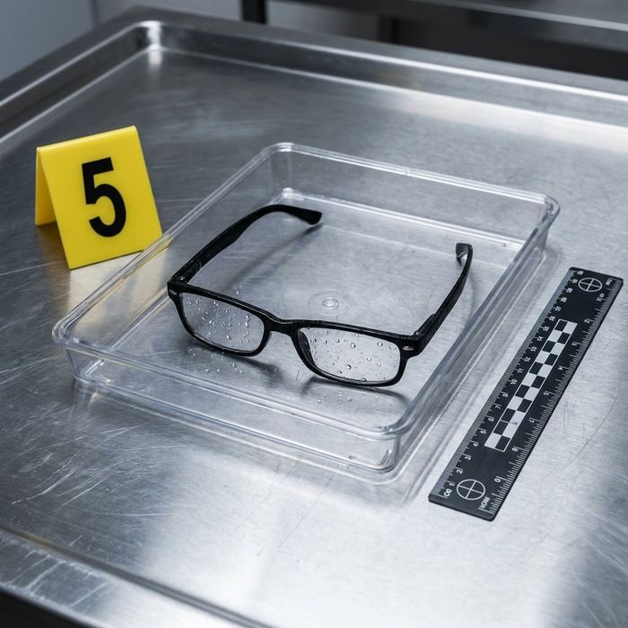 Anteojos en una bandeja de evidencia